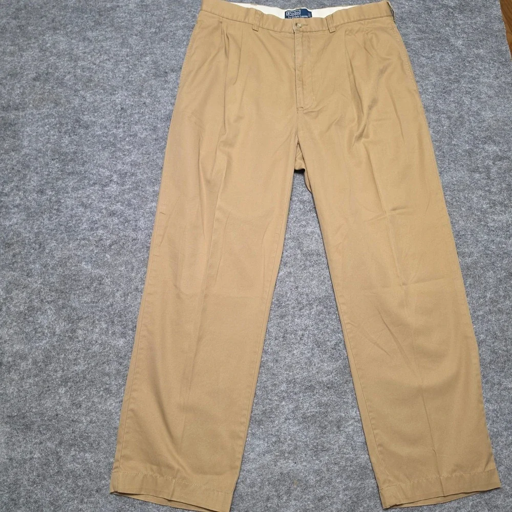 VTG Polo Ralph Lauren Mens Hammond Pant Cotton Tan 35x32 Pleated Chino Trousers‎